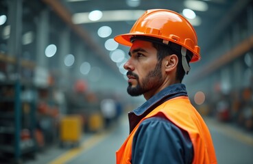 Industrial worker wearing orange safety helmet vest stands in factory. Man focuses, workplace hazard awareness, accident prevention. Concept of safety regulations. Worker, construction, engineer,