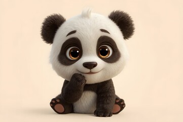 Cartoon panda cub, fluffy, seated, cute