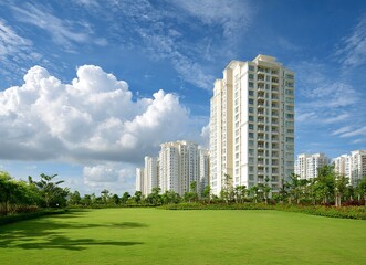 Obraz premium Modern new residential apartment building complex with a green grass landscape, blue sky, and white clouds in the background. Family home exterior architecture. Wide-angle view of luxury high-rise.