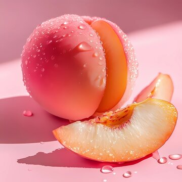 Light Pink Peach with Water Droplets and Sliced Pieces &ndash; Soft Minimal Fruit Aesthetic in Natural Light