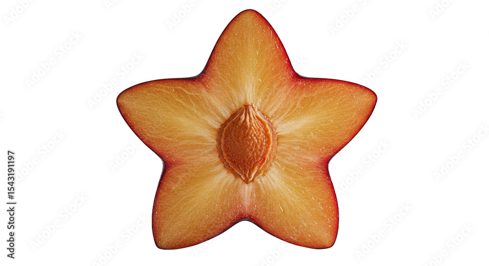 Poster cross-section of a plum cut into a star shape against a black background