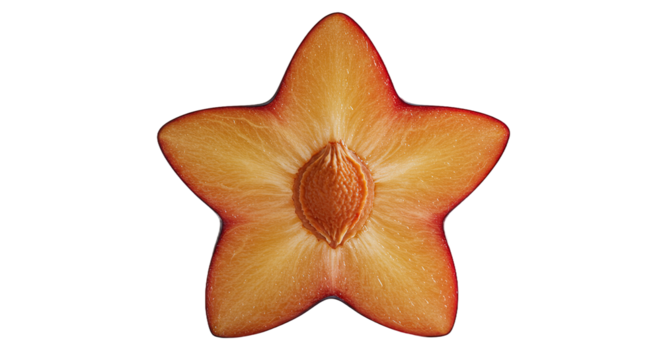 Cross-section of a plum cut into a star shape against a black background