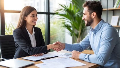 A young Caucasian woman in a black suit shakes hands with a young Hispanic man in a blue shirt. They are in a modern office with plants and documents on the table.