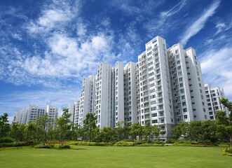 Obraz premium Modern new residential apartment building complex with a green grass landscape, blue sky, and white clouds in the background. Family home exterior architecture. Wide-angle view of luxury high-rise.