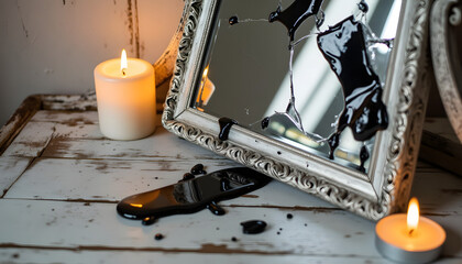 Broken mirror with black paint and candles on wooden table  