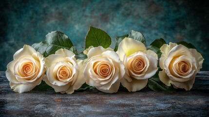 Four pale yellow roses arranged on a dark surface against a teal backdrop