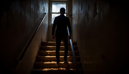 Man standing on stairs in dark corridor with light at the top  