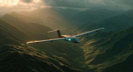 Fototapeta premium A cargo drone flies high above a lush, mountainous region during the twilight hours.