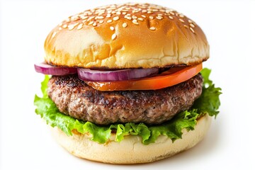 Delicious camel burger with lean meat patty, fresh vegetables, and sesame bun ready to be enjoyed on a white background