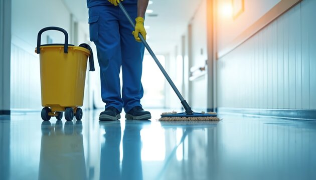 Janitor cleaning floor of modern hallway. Worker mops wet floor. Cleaning staff with yellow bucket and mop. Hygiene, cleanliness, workplace, work. Man in uniform.