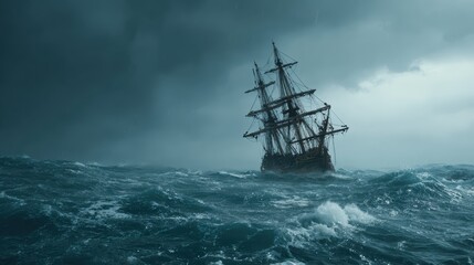 A classic sailing ship battles rough waves under stormy skies in the open ocean