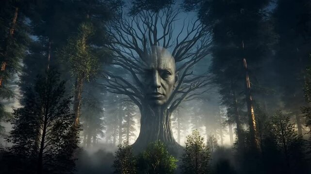 Interesting theories and hypotheses about plant consciousness. Dolly shot to the tree in the evening forest