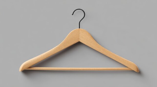 A wooden clothes hanger with a metal hook is displayed on a plain gray background