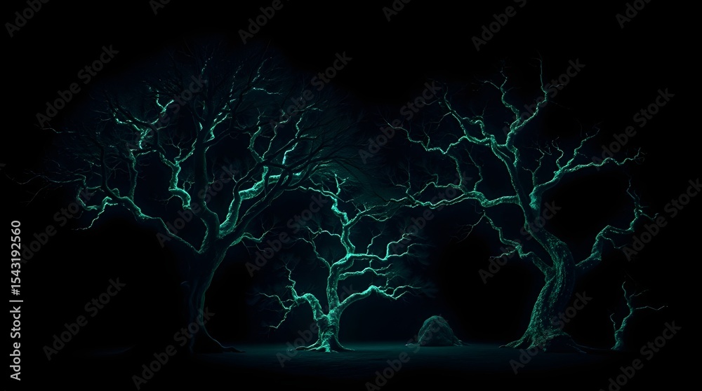 Wall mural three gnarled trees are set against a dark background, with branches illuminated in a glowing blue l