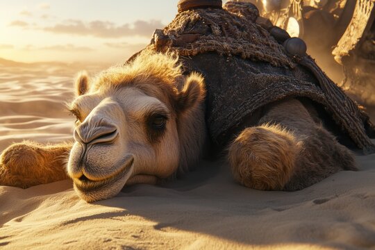 Smiling camel relaxing in desert sand golden hour