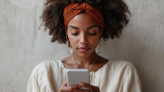 A young woman absorbed in her smartphone, exuding calmness and concentration, symbolizes modern connectivity while showcasing her stylish appearance and intimate setting.