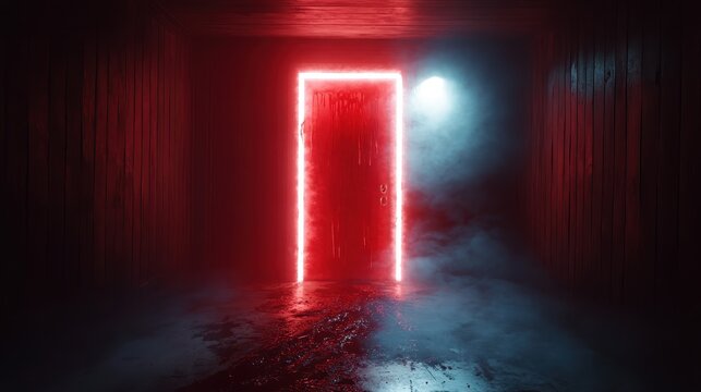 A captivating red glowing door in a misty hall creates a sense of mystery and intrigue, inviting viewers to explore the unknown behind it in a dark setting. - Powered by Adobe