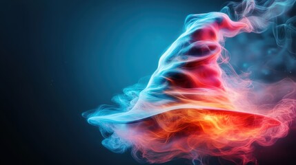 An enchanting, swirling cloud of colorful smoke takes the shape of a whimsical witch hat, making it a captivating visual representation of magic and mystery in art.