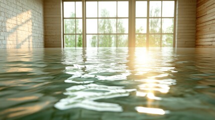 A sun-drenched interior space with reflective water exudes tranquility and peace, creating a harmonious environment that invites relaxation and mindfulness.