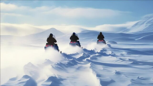 Adventurers driving snowmobiles across Arctic icecap