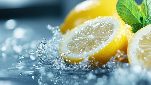 Juicy, fresh lemons create splashes in water accompanied by vibrant mint leaves, evoking a sense of freshness and zest perfect for culinary themes or refreshing drink promotions.