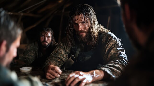 This dramatic image captures a rugged man with a focused expression deep in thought, surrounded by others, evoking themes of strategy, determination, and teamwork in an intense setting.
