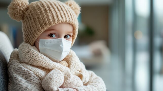 A young child wearing a cozy knitted hat and face mask looks out with wide eyes, embodying innocence and curiosity in a modern space adapted for health precautions.