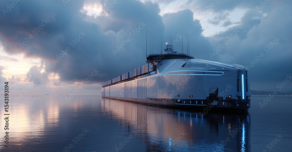 Aufkleber a futuristic cargo vessel navigates through calm waters under a cloudy sky during twilight. the ship