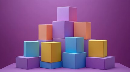Obraz premium Geometric Arrangement of Vibrant Cubes on Purple Backdrop Creates Modern Minimalist Still Life
