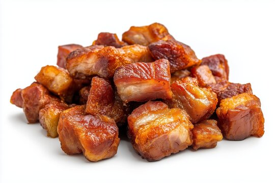 Crispy pork belly chunks showcasing delicious chicharron served on a white background perfect for snacking or adding to dishes