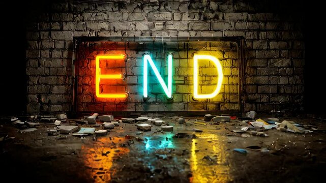 A neon sign brightly illuminates the word end in an empty warehouse. Debris covers the floor, and puddles reflect the vibrant colors, creating a stark contrast with the dark surroundings.