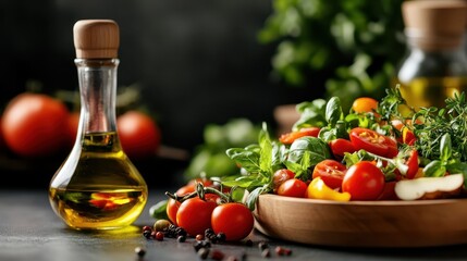 A vibrant arrangement of fresh vegetables including cherry tomatoes and herbs, accompanied by a bottle of olive oil, ideal for promoting healthy eating and gourmet cooking.