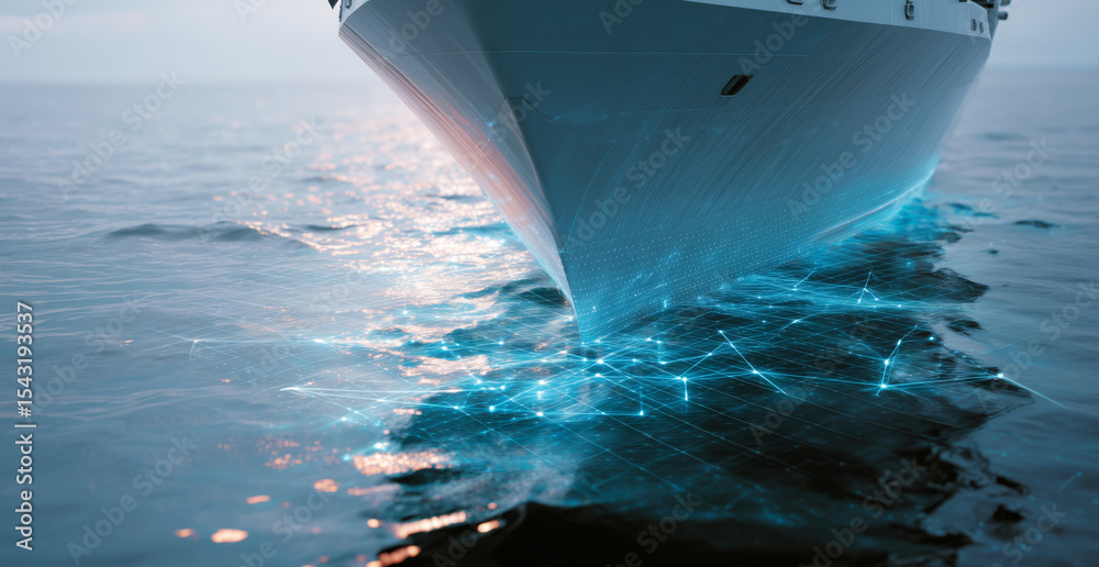 Poster A modern cargo vessel utilizes advanced navigation and autopilot systems to streamline its journey across the ocean. The ship sails through calm waters, reflecting a digital network of connectivity.