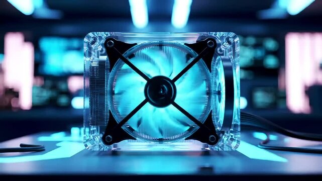 Close up of a transparent computer fan with blue lighting and black frame on a blue surface