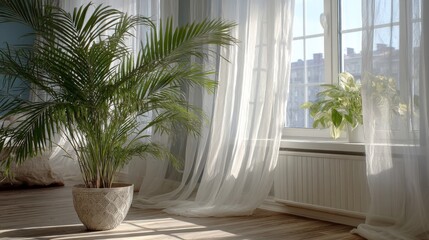Obraz premium Sunlit Room with Potted Palm Tree and Sheer Curtains
