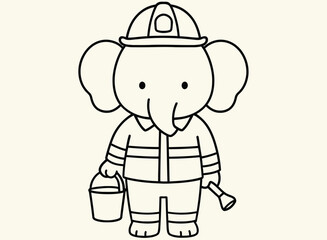 Cute Line Art Elephant Firefighter Character with Helmet, Bucket, and Flashlight
