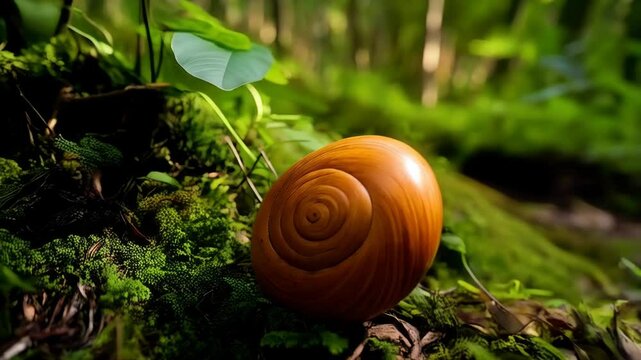 Large brown spiral shell nestled on vibrant green moss in a tranquil forest setting on a sunlit day, highlighting nature's textures and patterns.