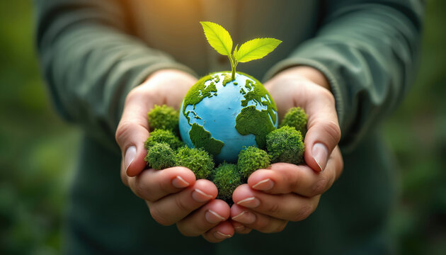 Hands holding green globe. Environmental protection, earth day concept. Responsible organization, ecosystem development. Corporate social responsibility. Save planet eco friendly. Sustainable