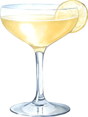 Watercolor cocktail with lemon slice on transparent background.