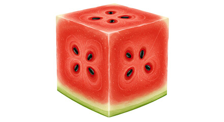 Creative illustration of a cube-shaped watermelon with black seeds and red flesh.