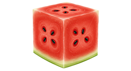 Creative illustration of a cube-shaped watermelon with black seeds and red flesh.