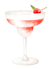 Watercolor pink cocktail with cherry garnish on transparent background.