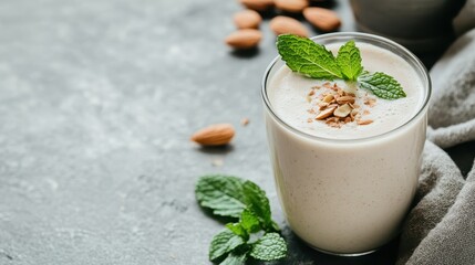 An appetizing glass of almond milkshake adorned with almonds and mint leaves, showcasing a creamy texture and refreshing appeal that invites indulgence on a cozy day.