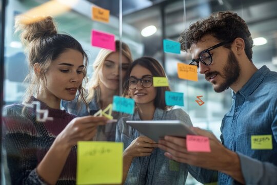 Diverse team collaborating at glass board with sticky notes, holding a tablet, brainstorming ideas