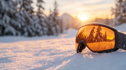 A pair of ski goggles rests on fresh snow, reflecting the stunning sunrise and frosty trees, evoking a sense of adventure and excitement in winter sports.