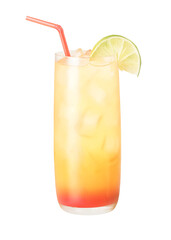 Watercolor cocktail with lime and straw on transparent background.