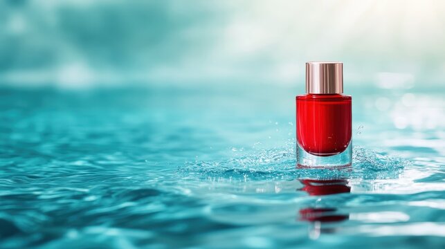 A stunning red nail polish bottle creates captivating splashes against the tranquil blue water, showcasing elegance and beauty in a minimalistic setting. - Powered by Adobe