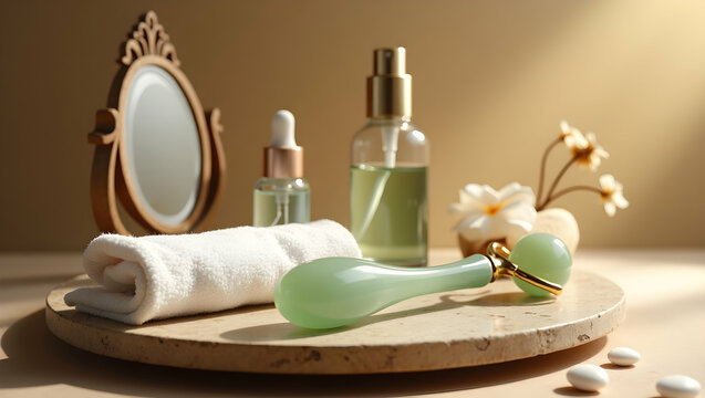 Elegant still life featuring self care items, enhancing beauty routines and promoting wellness with natural skincare products