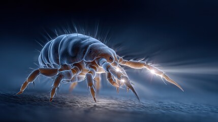 Ultra-realistic 3D render of a dust mite under microscope, showing detailed anatomy and surface texture for medical, allergy awareness, and educational purposes