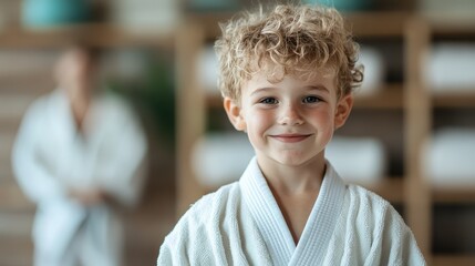 Capture the essence of childhood innocence and happiness, as a smiling young boy in a cozy bathrobe represents warmth, comfort, and the joy of carefree moments at home.